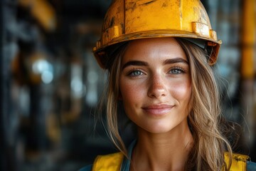 Confident female worker with yellow hard hat and vest, standing among construction equipment at a worksite, representing determination and building industry resilience.