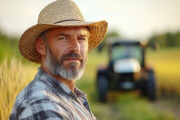 Fototapeta premium A mid-shot of a bearded farmer in a straw hat, standing in a golden wheat field with a tractor blurred behind him. The light is warm and soft, evoking a rustic charm.