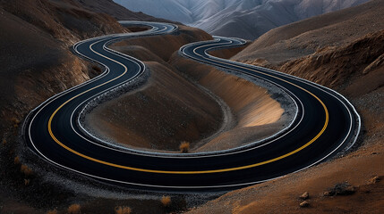 A winding asphalt road with sharp curves traverses through a barren, mountainous desert landscape, featuring rocky terrain and sparse vegetation.