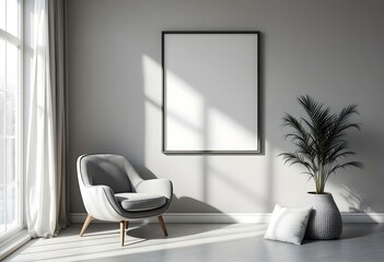 Boho Scandinavian Living Room with Accent Chair and Large Frame on Grey Wall