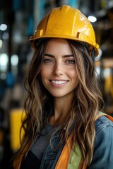 The photo shows a female construction worker in a yellow helmet and safety vest inside an industrial setting, capturing a moment of energy and expertise in action.