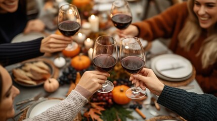 Group of people toasting with red wine at a festive table decorated with pumpkins and grapes, candlelit dinner setting