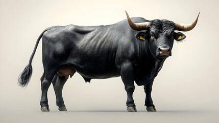 A realistic depiction of a standing black bull with prominent horns.