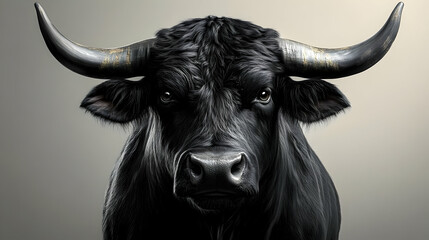 Naklejka premium A close-up of a black bull with prominent horns and intense expression.
