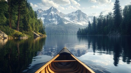 Obraz premium A scenic view of a kayak drifting on a calm mountain lake, framed by lush forests and snow-capped peaks, inviting viewers to experience the beauty of outdoor adventures in nature.
