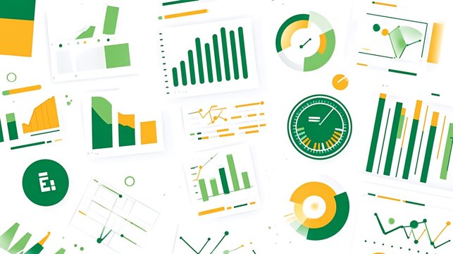 Scattered charts with green and yellow colors on a white background.