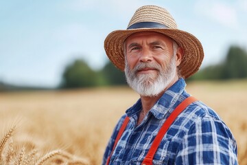 Fototapeta premium A mature man in a blue plaid shirt with suspenders stands before a luscious wheat field. His expression is warm and thoughtful, embodying the essence of rural tranquility.
