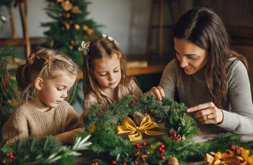 Two cute little girls and their mother make a handmade Christmas wreath at home.