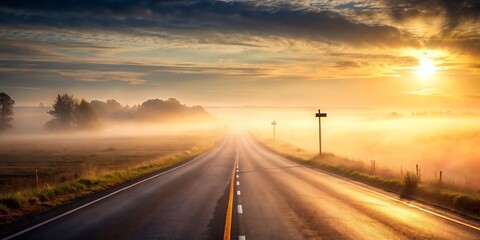 A solitary road stretches towards a golden sunrise, disappearing into a veil of morning fog, promising a journey into the unknown.