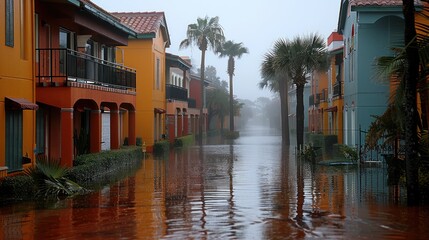 Obraz premium Flooded residential street with vibrant colors and palm trees during a heavy rainstorm at dusk. Generative AI