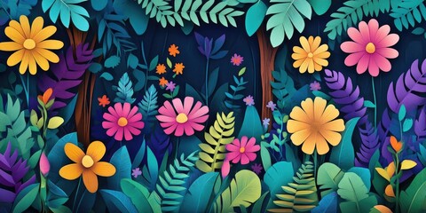 Vibrant flowers in lush greenery among trees, Colorful flowers surrounded by lush green foliage and trees