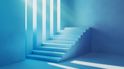 3D white blue gradient minimalism urban building interior stairs illuminated by light through columns with copyspace fashion poster web background