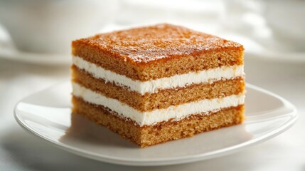 A square slice of traditional Russian Medovik honey cake with creamy sour cream, placed on a white plate, isolated against a bright background, highlighting the cake's delicate layers.