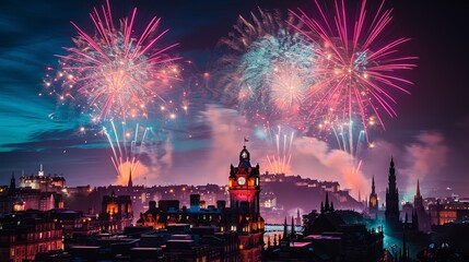 Naklejka premium Scottish Hogmanay Festival. Edinburgh Castle serves as the epicenter of Hogmanay festivities, with a spectacular fireworks display that lights up the city against the backdrop of the historic castle.