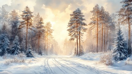Fototapeta premium Snowy Forest Path at Sunset