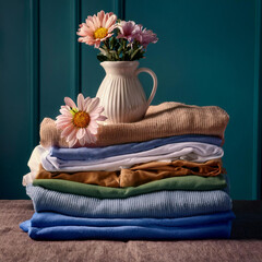 Clothes Pile with Flower Vase Display