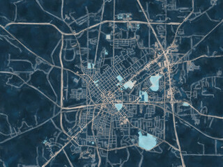 Painterly Style City Map of Thomasville Georgia, USA in a Blue Color Scheme.