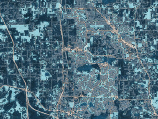Painterly Style City Map of The Villages  Florida, USA in a Blue Color Scheme.