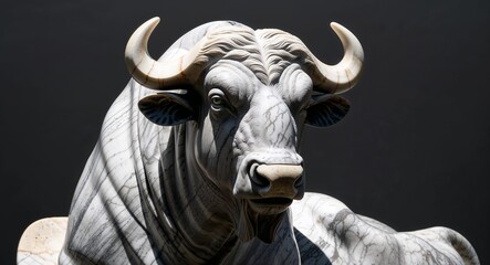 Buffalo marble statue closeup on plain black background