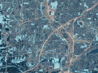 Painterly Style City Map of Tigard Oregon, USA in a Blue Color Scheme.