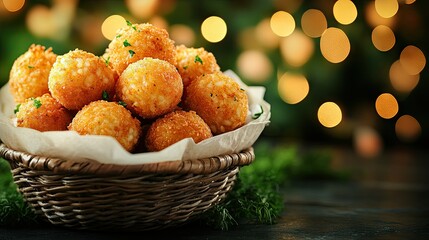 A stunning presentation of arancini served in a basket lined with parchment paper, featuring a blurred background and generous copy space, creating a perfect atmosphere for food advertisements.