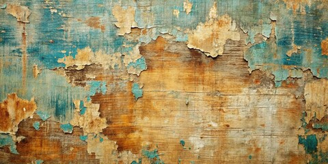 Obraz premium A weathered wooden surface with peeling paint, revealing layers of time and history beneath. The remnants of turquoise and brown paint create a captivating abstract pattern.