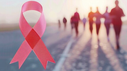Breast cancer awareness pink ribbon with people walking in sunset glow