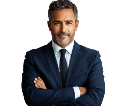 Confident man in a suit stands with arms crossed against a neutral background during daytime
