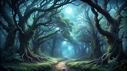 An Enchanting Pathway Through Ancient Trees Bathed in the Ethereal Glow of a Moonlight Sky