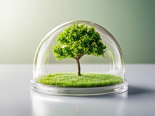 A lush green tree enclosed in a glass dome, symbolizing protection and sustainability, on a clean surface.