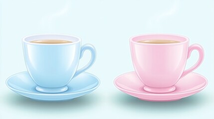 Obraz premium Two teacups, one blue, one pink, with steam rising from each.