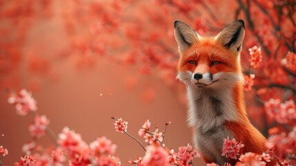 Obraz premium Captivating close up portrait of a majestic red fox standing in a vibrant spring forest filled with blooming flowers and lush foliage