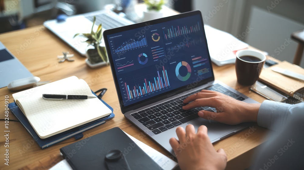 Poster a person using a laptop with data analytics on the screen, showcasing graphs and charts in an office