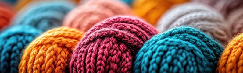 Several balls of yarn are arranged in a row on a table