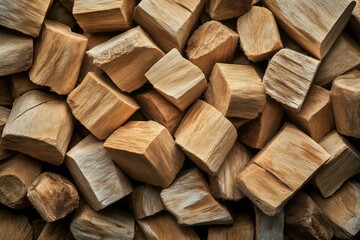 Fototapeta premium A close-up view of chopped firewood logs piled together, showcasing their rough texture and natural wooden grain patterns.