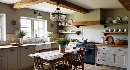 Cozy farmhouse kitchen with wooden beams a rustic table and open shelves filled with dishware