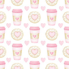 Cup of coffee, round cookies, hearts. Watercolor seamless pattern on white background in pastel colors for textile and wrapping paper. Cute illustration for Valentine's Day