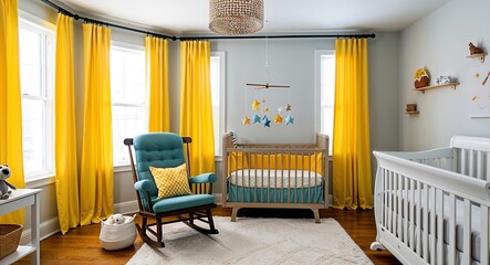 Cozy nursery with a rocking chair bright yellow curtains and a mobile above the crib