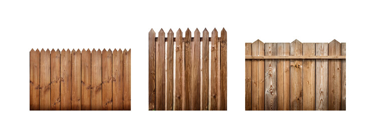 Three different views of a brown wooden fence with pointed tops.