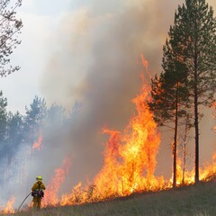 Firefighter Battling Flames in Forest Fire