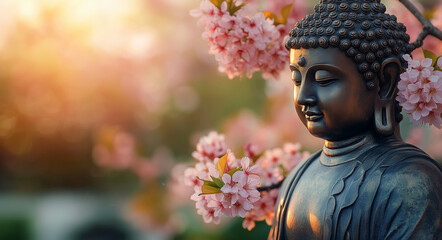 buddha statue with beautiful cherry blossoms in springtime on blurred background with copy space ,buddha,statue,cherry,blossom,flower,tree,tree branch,bloom,sunlight,sky