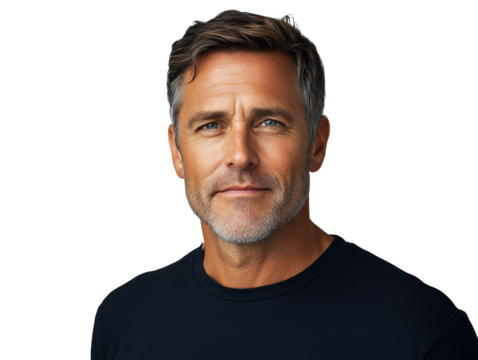 Mature man with gray hair and beard in a black shirt poses confidently against a neutral backdrop