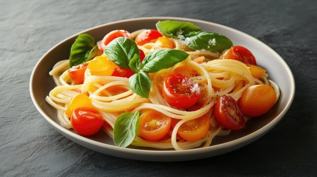 A tempting presentation of pasta with heirloom tomatoes and fresh basil leaves, beautifully arranged on a plate, highlighting the dish colorful ingredients against a dark slate background.