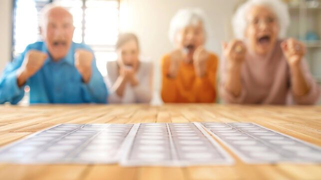 Excited elderly friends enthusiastically playing bingo at a wooden table