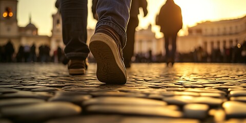 Plakat Sunset cobblestone walk, silhouette of pilgrims in Rome