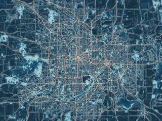 Painterly Style City Map of Twin cities Minnesota, USA in a Blue Color Scheme.