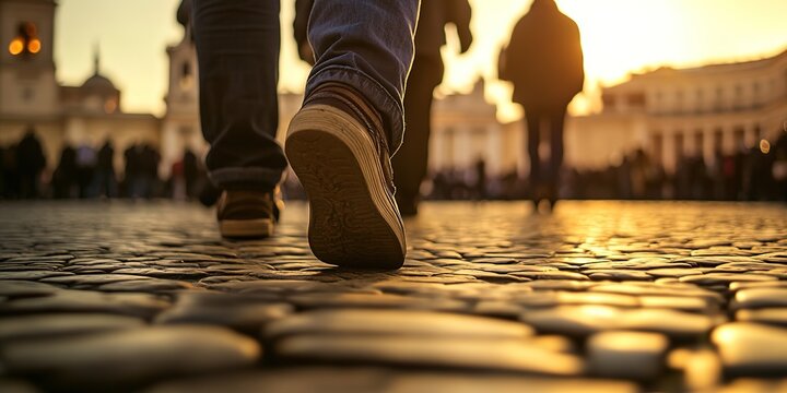 Sunset cobblestone walk, silhouette of pilgrims in Rome
