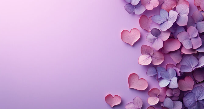 Valentine's Day background with hearts on a purple pastel color, minimalistic