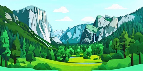 Yosemite peaks surrounded by lush green scenery, Mountain peaks surrounded by lush green scenery