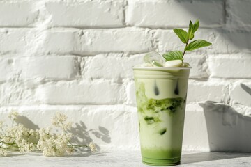 Iced matcha latte in clear cup with mint leaves, minimal style, bright background, aesthetic drink